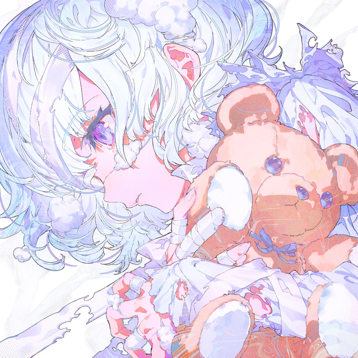 teddy bear 1girl stuffed toy stuffed animal bandages solo white hair  illustration images