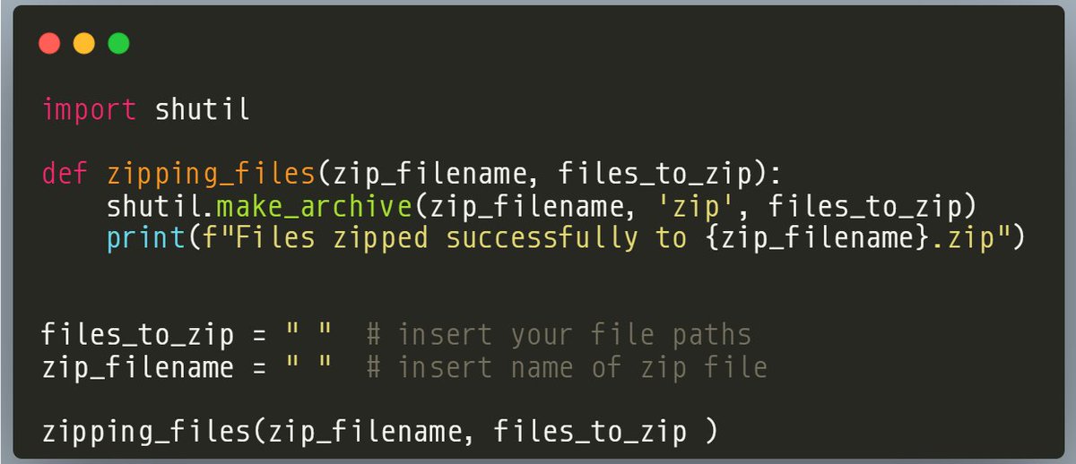 RealBenjizo's tweet photo. Python tip;

Do you have a bunch of files that you want to zip? 

You can easily do it with a few lines of Python code. Here is the code: https://t.co/WQyUJalbS6