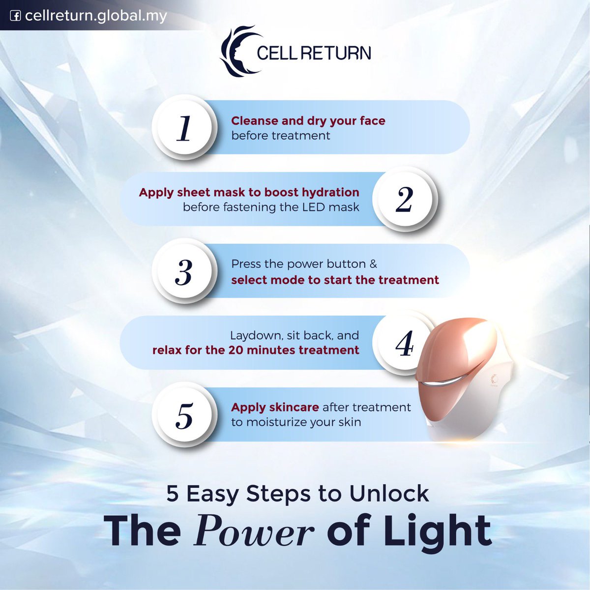 cellreturn_my's tweet photo. Introducing the ultimate skincare treatment that will unlock the power of light and give you the glowing, radiant skin you've always dreamed of. Find out more https://t.co/28DKiASgqp

#cellreturnledmask #skincareroutine #bestledmask #skinfirming #skinbrightening #selflovejourney https://t.co/kmKqP6BzFx