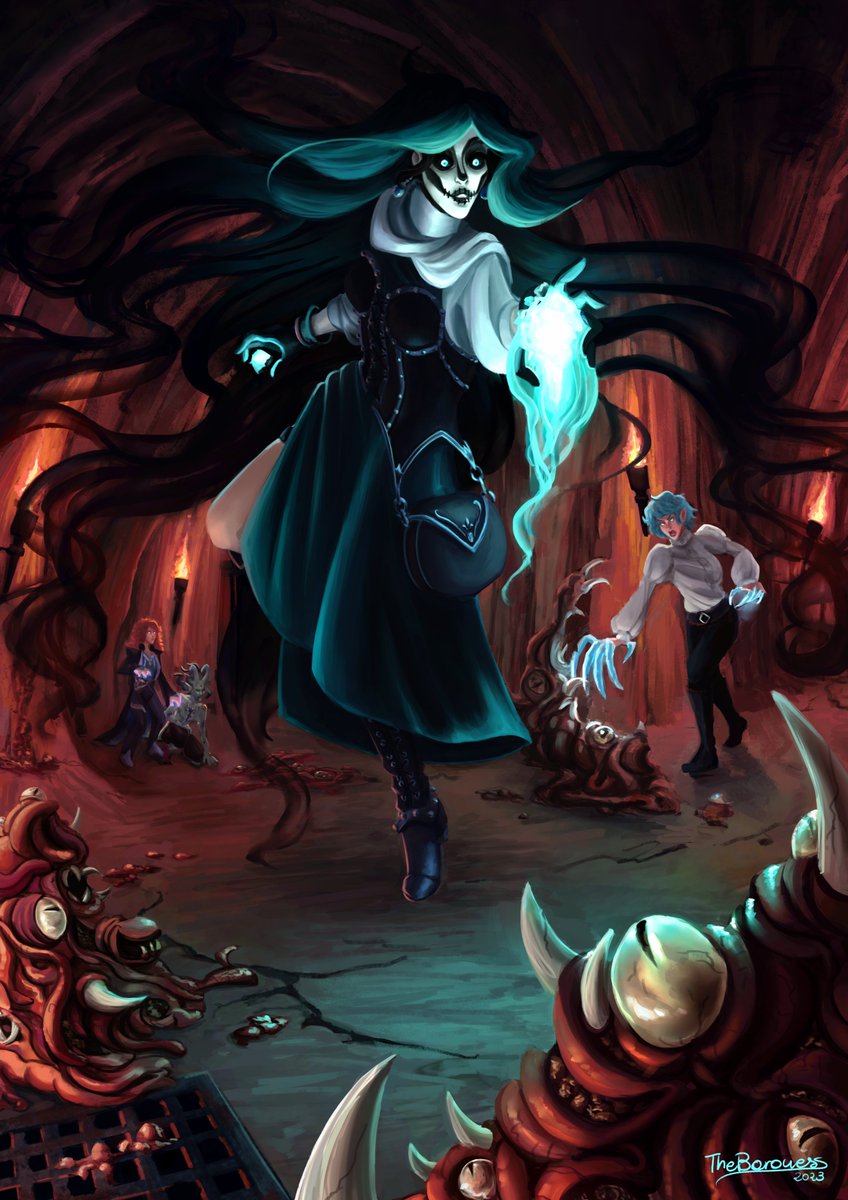 Thebaroness0's tweet photo. One more work I'm absolutely proud of, made at the end of my master class. Featuring Anika Fuhe and her party fighting some monsters in a secret basement!

#pathfinder2e #homebrew #ttrpgart #illustration #digitalartwork https://t.co/KMBOnQbXVO