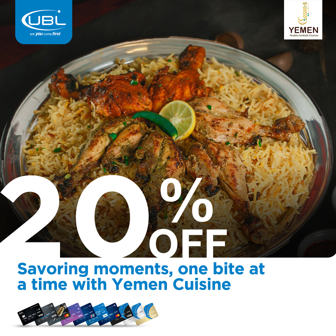 UBLDigital's tweet photo. Experience a symphony of flavours with an unbeatable discount.
Use any Card to enjoy an amazing discount of 20% at Yemen Cuisine.
Terms & conditions apply.
#UBL #YemenCuisine #UBLDiscountOffer #UBLCard #FoodieHeaven #BestInDigitalInnovation #BestDigitalBank2022 https://t.co/OdG2UgMcxN