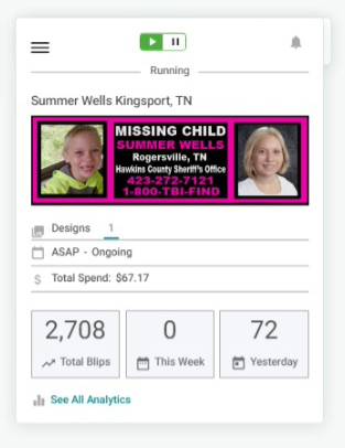 vern_gilbert's tweet photo. A new week for the Summer Wells billboard campaign began at 12:01 am this morning.
Over the past week Summer has been shown in Kingsport, Tn. 2,708 times generating 10,091 impressions. Average cost every time her ad is shown is running 2.5 cents. 
Questions? Spaces at 8pm EST tonight. Thank you to all the sponsors who make these billboard campaigns for the missing possible!
#SummerWells