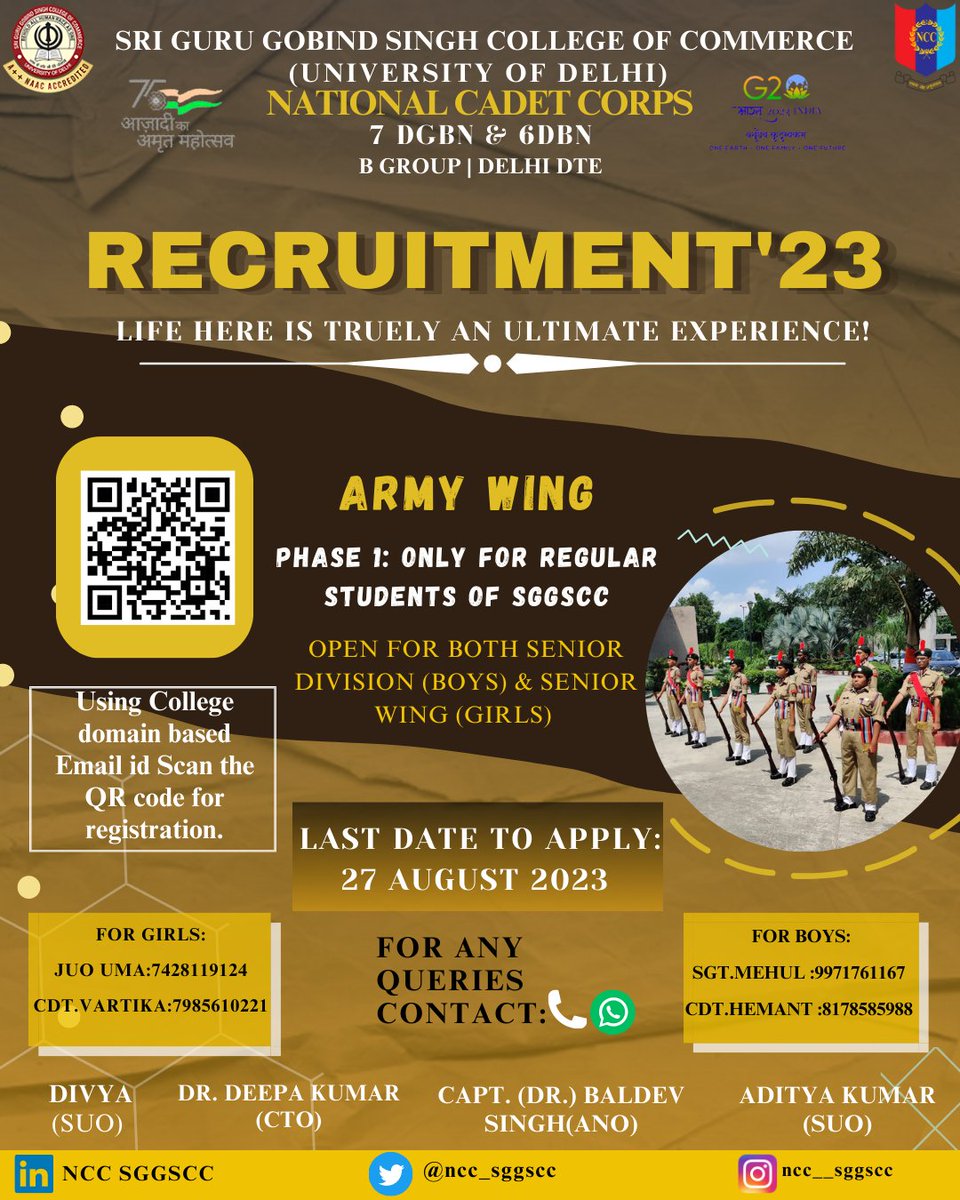 Jai Hind🇮🇳
The NCC Coy of S.G.G.S.C.C is now recruiting enthusiastic individuals who are ready to make a difference.Join the NCC and embark on a thrilling journey of leadership, discipline, and adventure!
