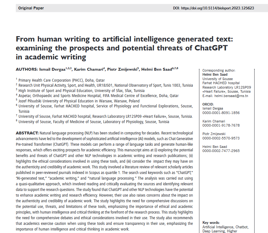 🧠From Human Writing to AI-Generated Text: Examining ChatGPT's Impact - A comprehensive analysis of the role of #ChatGPT in academic writing is presented here. This study evaluates the advantages and drawbacks of incorporating AI-generated content✍️👨‍🎓
🔓🔗termedia.pl/From-human-wri…