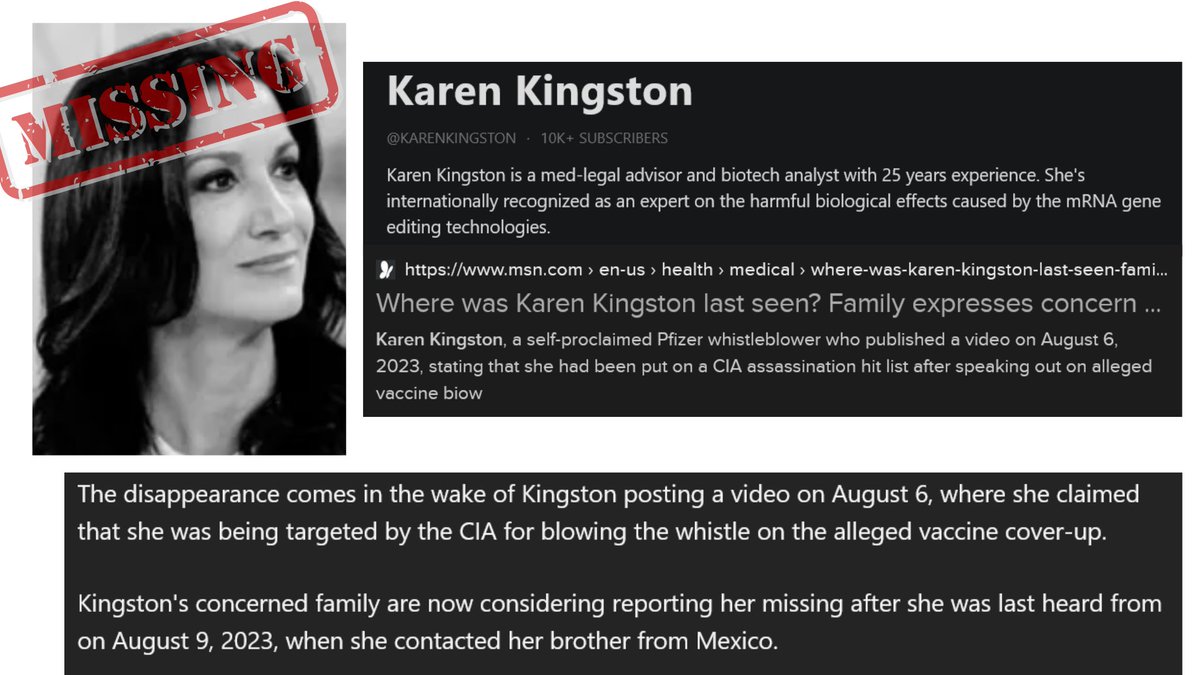 dezzie_rezzie's tweet photo. 8🧵Now, since Aug 9 2023, 49, former Pfizer employee turned whistleblower has gone missing after fleeing for her life to Mexico. Earlier that week Kingston released a video claiming she was on a hit list, &amp; had been poisoned. Her family has now filed a missing persons. https://t.co/9I7errfJKq