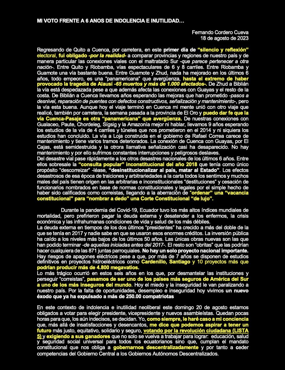 fcorderoc's tweet photo. MI VOTO FRENTE A 6 AÑOS DE INDOLENCIA E INUTILIDAD 
…como siempre, le haré caso a mi conciencia que,más allá de insatisfacciones y desencantos,me dice que podemos aspirar a tener un futuro más justo, equitativo, solidario y seguro, votando por la revolución ciudadana (LISTA 5) https://t.co/DzFE8zwRU6