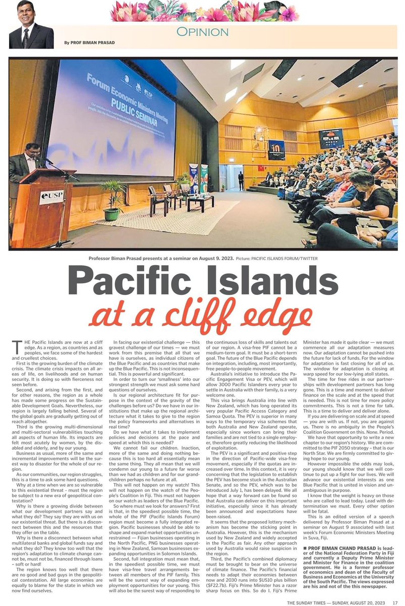 bimanprasad's tweet photo. In order to turn our ‘smallness’ into our strongest strength we must ask some hard questions of ourselves.

Today’s @fijitimes has published an edited version of my speech delivered at a seminar on August 9 associated with last week’s Forum Economic Ministers Meeting in Suva. https://t.co/FwCT8oaNQo