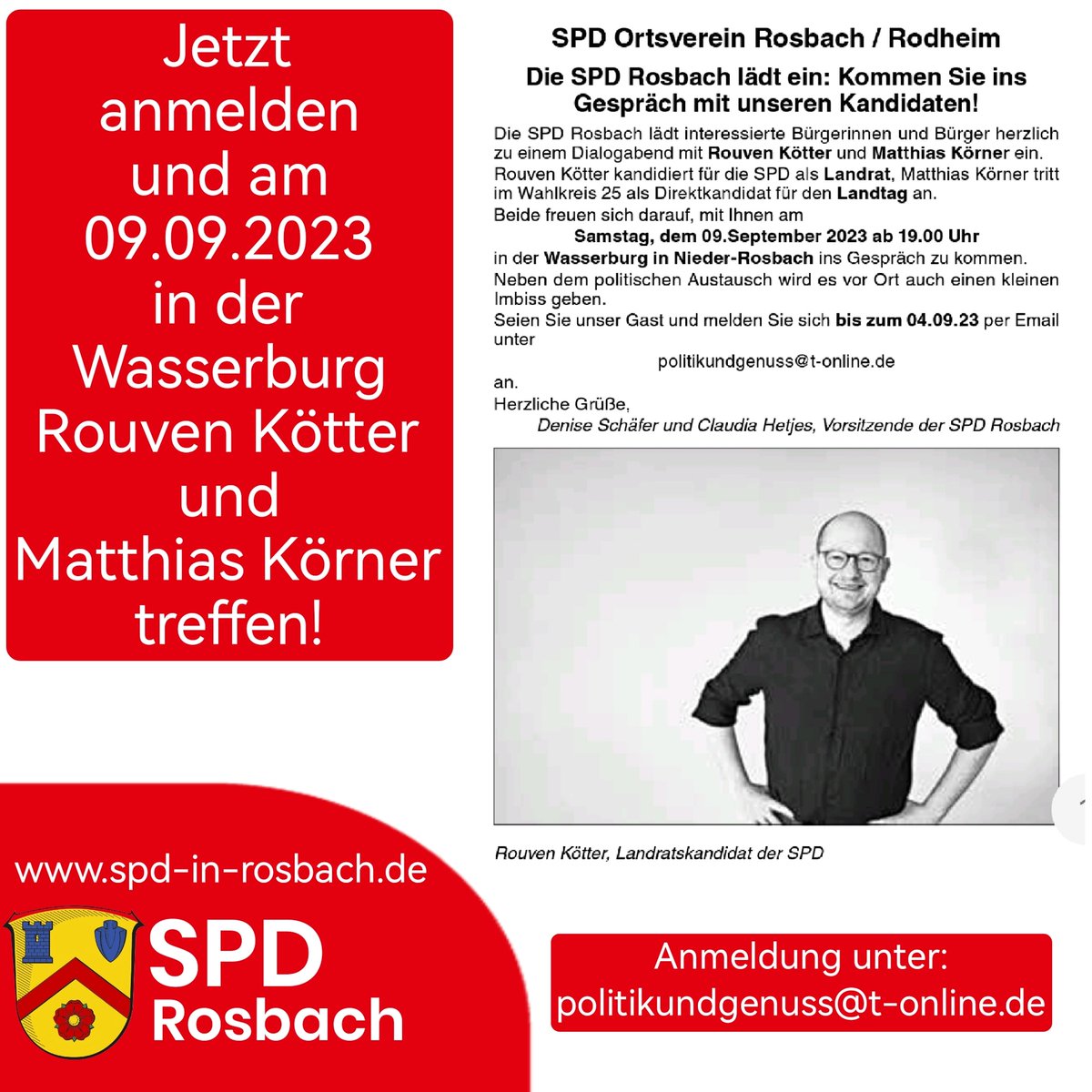 SPDRosbach's tweet photo. Kommen Sie ins Gespräch mit unseren Kandidaten!

Die SPD Rosbach lädt interessierte Bürgerinnen und Bürger herzlich zu einem Dialogabend mit #RouvenKötter und #MatthiasKörner Körner ein. https://t.co/dfVHk9HQ6F