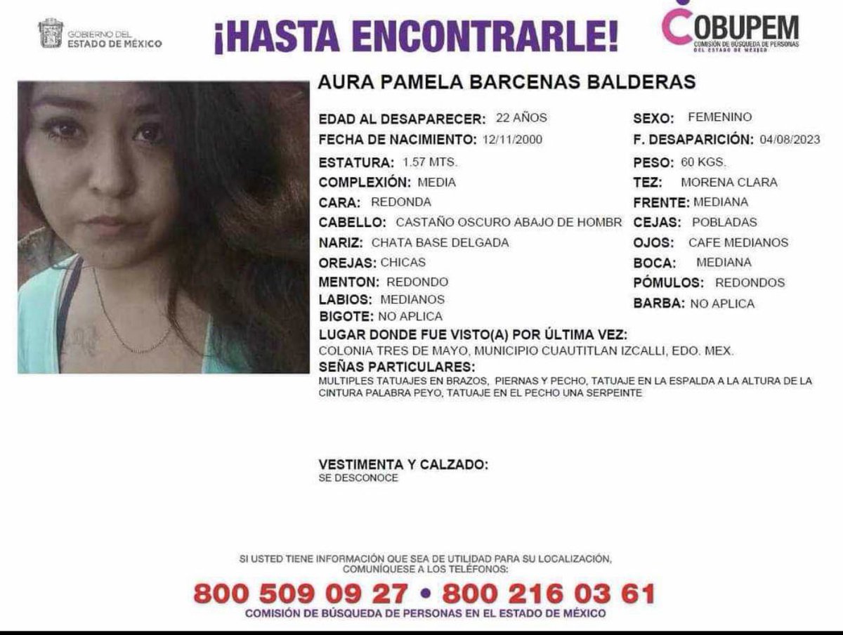 alerta_mujer's tweet photo. Se solicita su apoyo para localizar a Aura Pamela Bárcenas Balderas de 22 años de edad, quien fue vista  por última vez en la Colonia 3 de mayo, Cuautitlán Izcalli, Estado de México. 
Cualquier información puede ser de valiosa ayuda para su familia.
#NiUnaMás https://t.co/3vVTF83C04