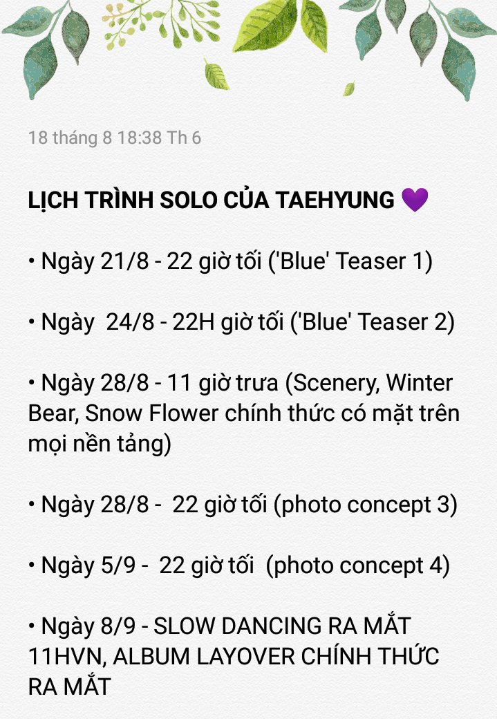 Lịch trình solo của Tae Tae 💜
Mọi người lưu lại để theo dõi support Tae nhá 🤗

#TAEHYUNG #TAEHYUNG_Layover <a href="/BTS_twt/">방탄소년단</a>