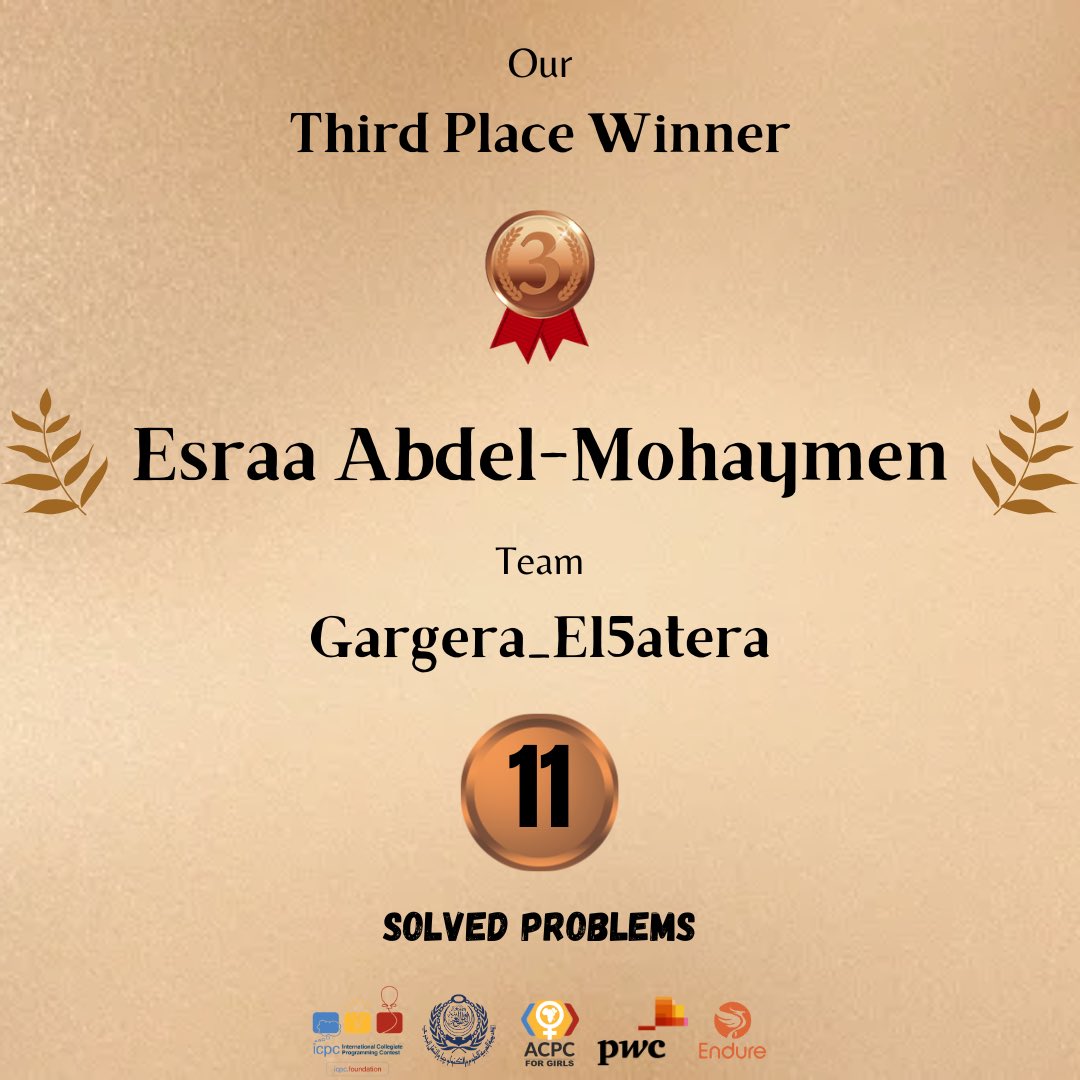 AcpcGirls's tweet photo. Let’s welcome our third place winner ✨ Esraa Abdel-Mohaymen✨

#acpcnews #ACPC #girlsACPC #girlsacpc2023 #girlsacpc_judges #AASTMT #MinistryofCommunications #PWC #endure https://t.co/UTSBHsESUw