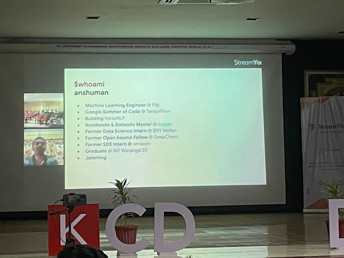 ShahilSinha9's tweet photo. Amazing session from @anshuizme about #kerasNLP 
.
with @Priyansh0310 @shubhamkhilarii @BhumikaDewang10
at @RungtaCollege
.
@TFUGDurg @TFUGIndia 
#Kerasdays #kcddurg https://t.co/OEjzZqqkC0