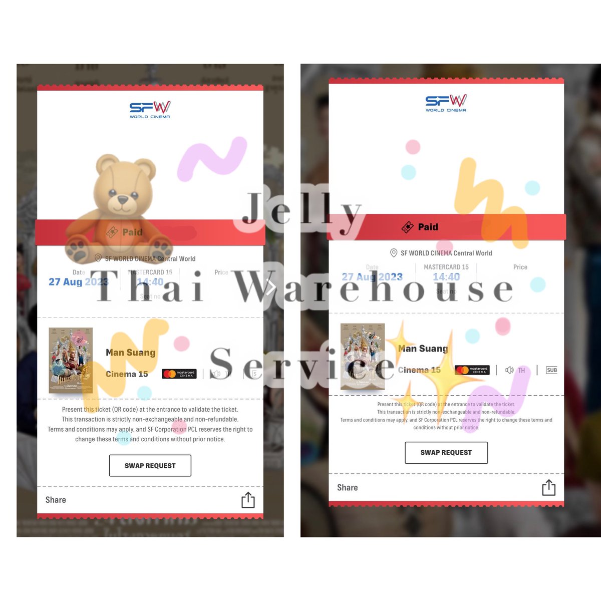 jellyjbearr's tweet photo. ☁️SUCCESSFULLY BOOKING THE TICKETS FOR #ManSuangwithApo #ManSuangwithMile and #ManSuangwithBOC ☁️
— Anyone's interested in any services, please feel free to dm us💘
✨THAI BANK TRANSFER AND WAREHOUSE SERVICES✨
#jellyservice #thaiwarehouse #thaitransfer #thaiaddress #mansuang https://t.co/s7tuavjEtC