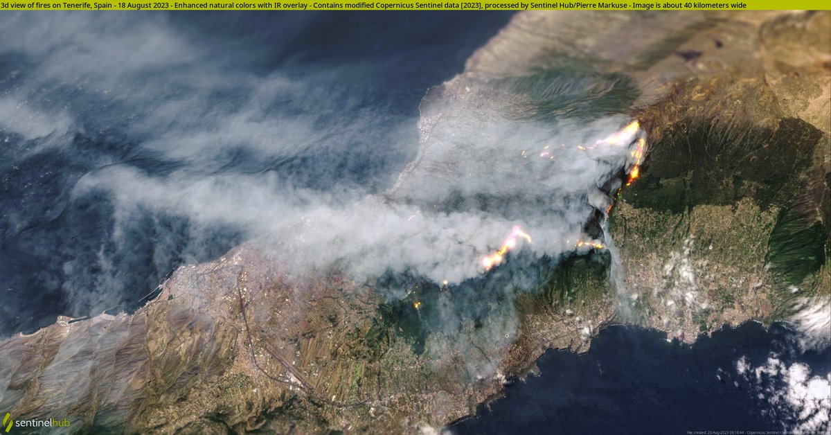 🟠 3d view of fires on Tenerife, #Spain🇪🇸 - 18 August 2023 #Copernicus🇪🇺 #Sentinel-2🛰️ Full-size ▶️ flic.kr/p/2oWKoSW #RemoteSensing #OpenData #SciComm #TenerifeFire #Fire #Wildfire Image is about 40 kilometers wide