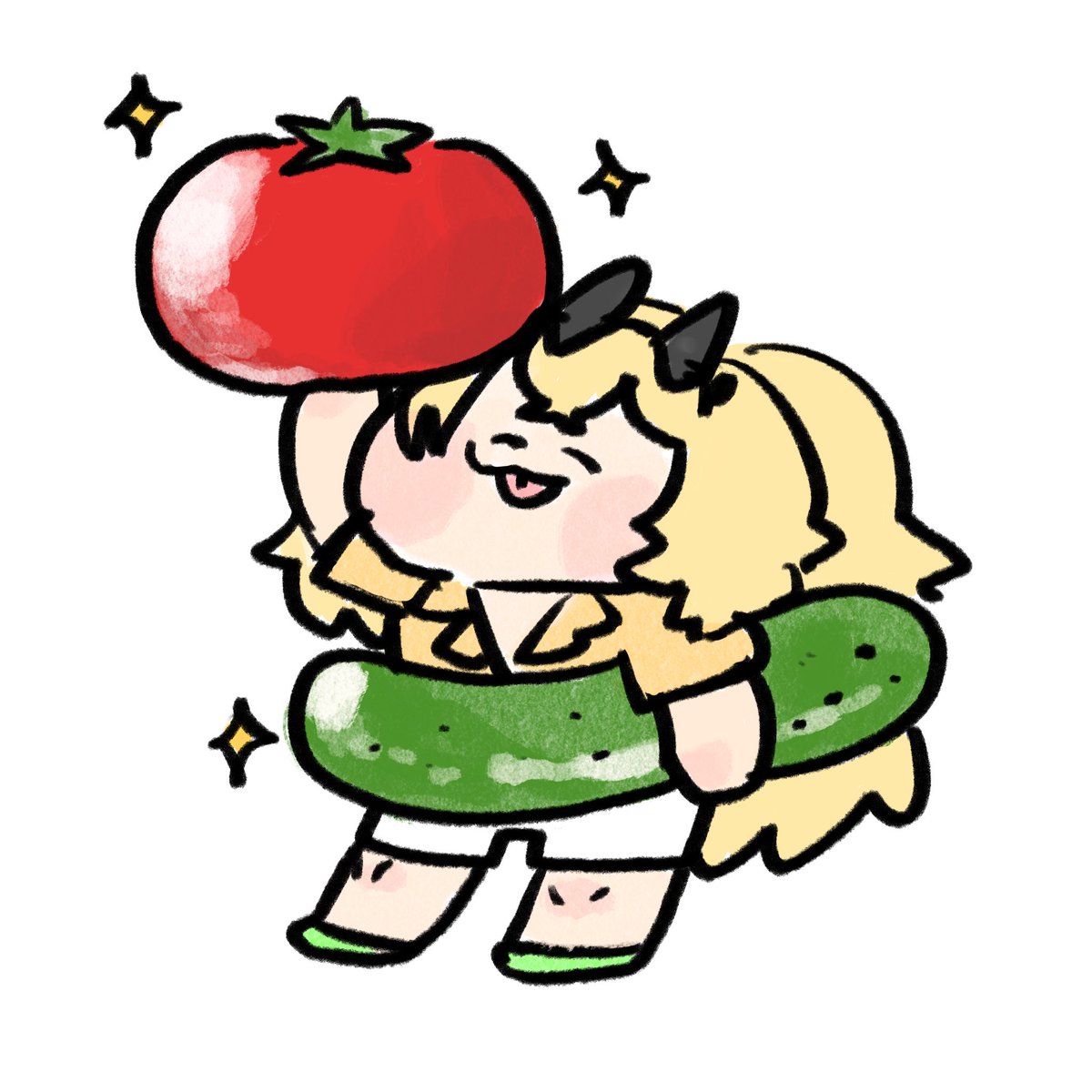 tomato blonde hair 1girl white shorts shirt food holding  illustration images
