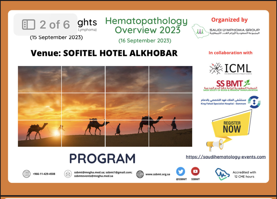 rahaf_altahan's tweet photo. Happy to be part of the Annual Hematopathology Overview 2023
That will be held in Al Khobar, on September 16 

https://t.co/tVOPFQnfHL

#Saudi_hem_path 23
#SaudiHematology 23
@SSBMT
@icmlugano https://t.co/wAZOEpA3pV