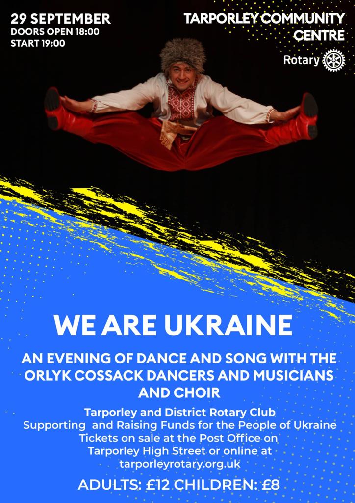 Fri 29 Sept An evening of dance and song with the Orlyk cossack dancers, musicians and choir.  Adults £12, children £8.  Raising funds for the people of Ukraine.  Tickets Tarporley Post Office or tarporleyrotary.org.uk @CheshireLive @Dee1063 @standardchester @Rotary1180