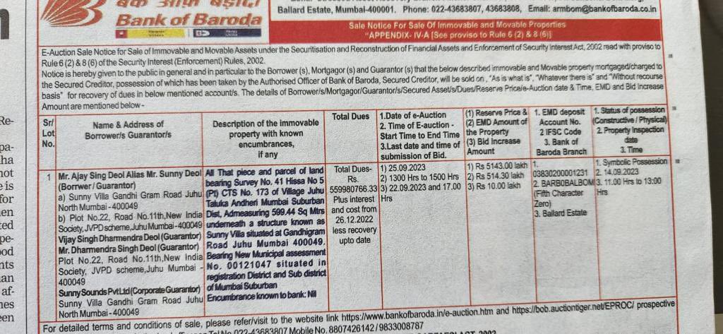 kamaalrkhan's tweet photo. Actor Sunny Deol is not paying ₹56Cr of Bank of Baroda. Therefore today, Bank has published this notice in the the news papers to auction his studio Sunny Super Sound in Juhu. https://t.co/D0leJU5vjD