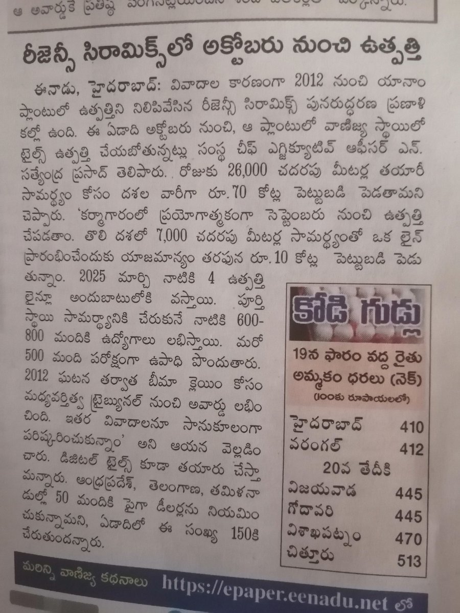Regency ceramics trying to get back into business

Quite a case study how politics killed this in Yanam. <a href="/nag_vasireddy/">నాగ్ వాసిరెడ్డి</a>