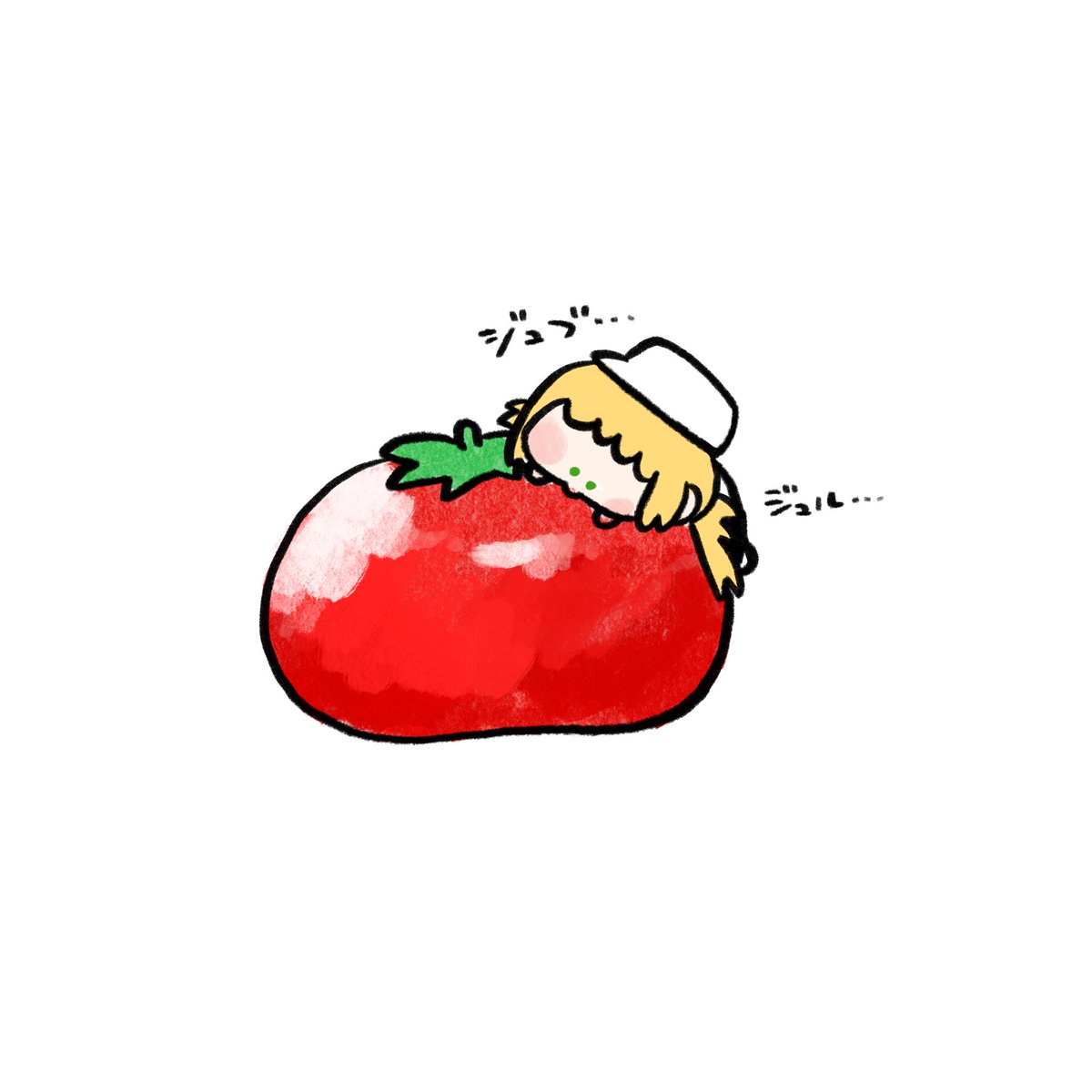 watson amelia 1girl blonde hair food tomato chibi white background hat  illustration images