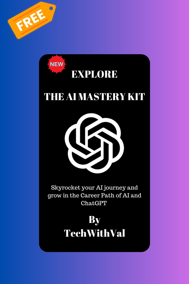 TechWithVal's tweet image. 🚀 Explore &quot;The AI Mastery Kit&quot; &amp;amp; skyrocket your AI journey!

Earn like the pros:
• $100k-$300k yearly 💰

Unleash:
• 3000+ AI tools
• 400+ AI Prompts
• 200+ AI Ideas
• 15+ ChatGPT Sheets

Grab FREE for 60 hours!
• Like &amp;amp; RT
• Drop &quot;AI genius&quot;
• Follow for DMs