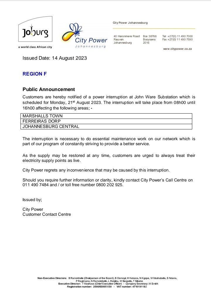 CityPowerJhb's tweet photo. #JoburgUpdates #PlannedOutage #RegionF
Customers are hereby reminded of a power interruption at #JohnWareSubstation which is scheduled for Monday, 21st August 2023 from 08h00 until
16h00. ^NT https://t.co/8PQnz2SIcG