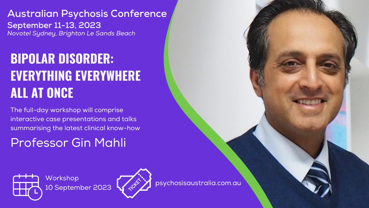 Secured your tickets yet to Prof Gin Mahli workshop? As part of the Australian Psychosis Conference, Prof Mahli & his team will offer an interactive day not to be missed! 👉psychosisaustralia.com.au/apc-2023-progr…