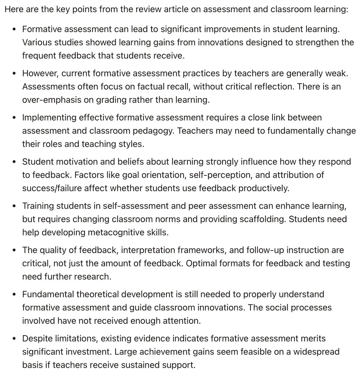 This is @claudeai01's first attempt at summarizing Paul Black's and my 1998 paper 'Assessment and classroom learning'—pretty impressive in my view.