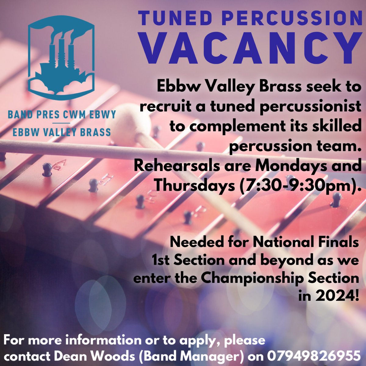 EXCITING OPPORTUNITY 🪘🎼🥁

Ebbw Valley Brass seek to recruit a TUNED PERCUSSIONIST to complement its skilled percussion team as we head into the National Finals (Section 1) in September 2023 and the Championship Section from 2024! #percussion #brassband #wales