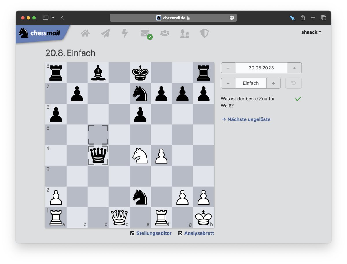 Update: Zur Schachaufgabe des Tages gibt es jetzt auf chessmail eine Historie der vergangenen Schachaufgaben. 😎👍chessmail.de/puzzle-of-the-…