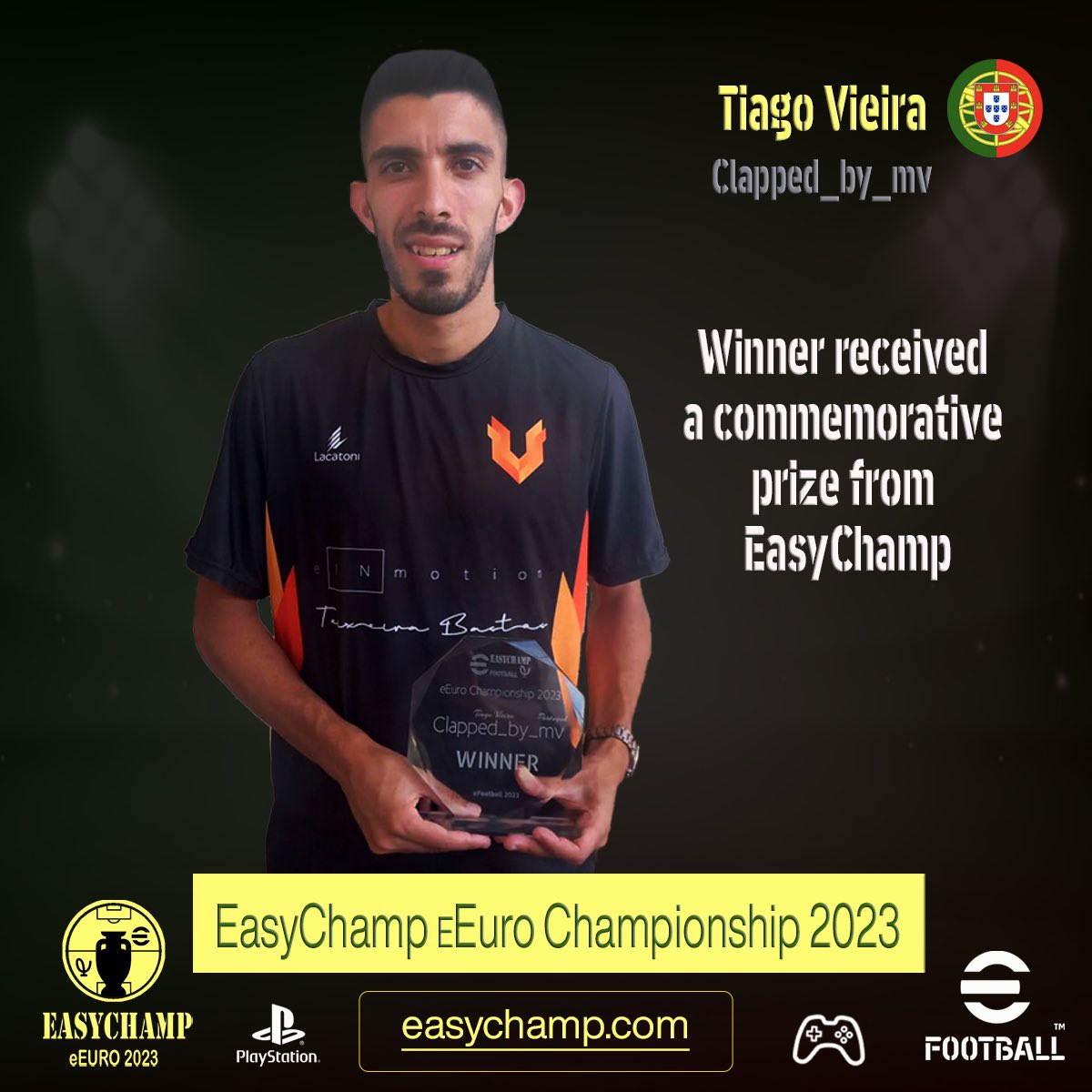 The reward for winning our EasyChamp eEuro Championship 2023 tournament is finally in Portugal 🇵🇹 and in the hands of champion <a href="/Clapped_by_mv/">Clapped_by_mv</a> 🏆

See you at EasyChamp eEuro Championship 2024! 🎮

<a href="/EasyChampInc/">EasyChamp</a> 
<a href="/teamvincera/">Vincera</a> 
<a href="/play_eFootball/">eFootball</a> 
<a href="/bruninhuh66/">Bruno Couto</a> 🤝

#eFootball2023