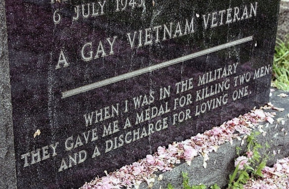 This is the burial site of Leonard Matlovich. Following three deployments in Vietnam, Matlovich earned both the Bronze Star and Purple Heart. On March 6, 1975, after a dozen years of service, he handed a letter to his commanding officer, disclosing his homosexuality. Despite his