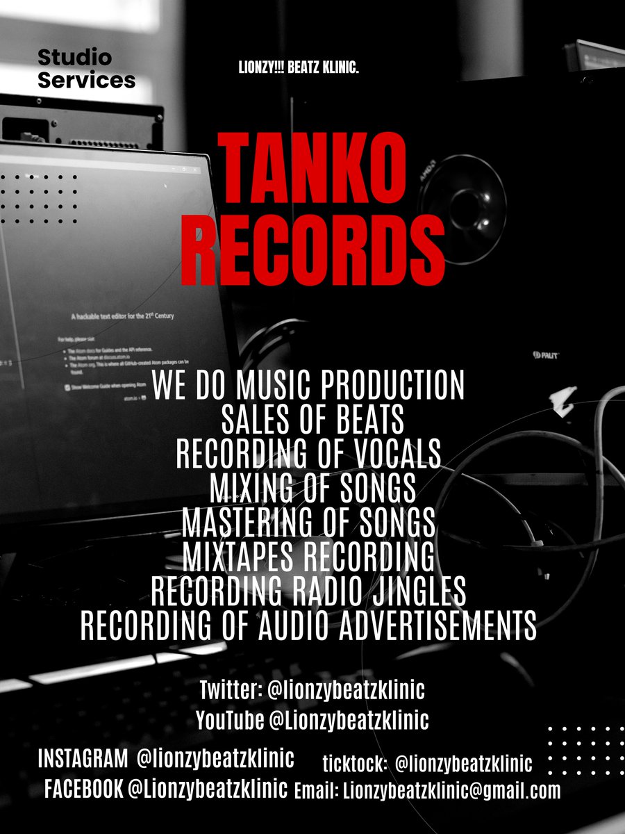 #LIONZY!!! #BEATZ #KLINIC.
1. We do music production  
2. Sales of Beats 
3. Recording of vocals  
4. Mixing of songs 
5. Mastering of songs  
6. Mixtapes recording  
7.  Recording Radio jingles  
8
#LBMG. Recording of Audio advertisements
#LIONZYMIX
#LIONZYBEATZ
#LIONSTUDIO