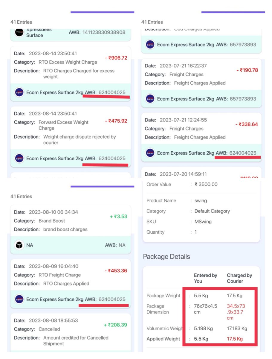 Rashmit_Chhabra's tweet photo. AWB number: 624004025
@ShiprocketIndia 
@ecom_express 
Both of them are not taking any responsibility

We are small business, facing these kind of fraud weight discripency on daily basis.... Even after multiple customer care calls/emails , the issue wasn't resolved https://t.co/YTIXLfREpR
