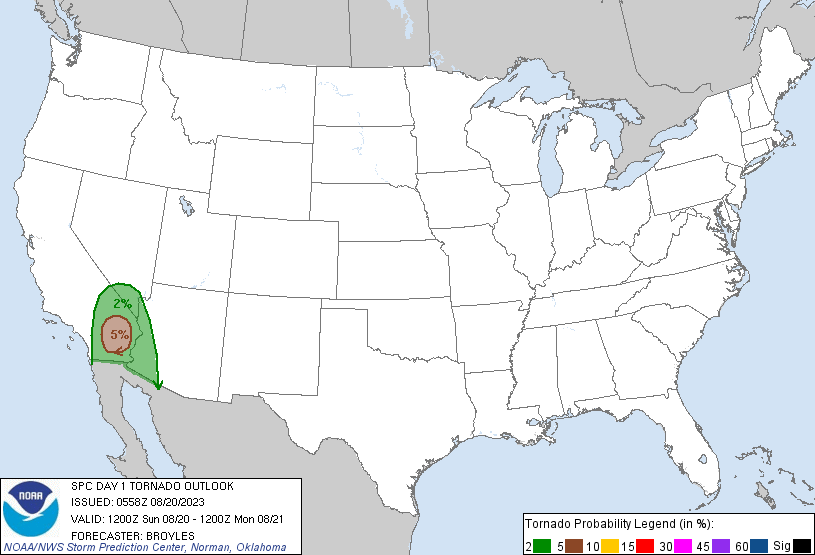 CC_StormWatch's tweet photo. This you don't see too often - a #tornado threat area over SE California. The SPC has a 5% tornado probability over the deserts. A few tornadoes are possible in the outer bands of #Hilary, especially if sufficient clear breaks occur. #CAwx https://t.co/2EG7dj601N