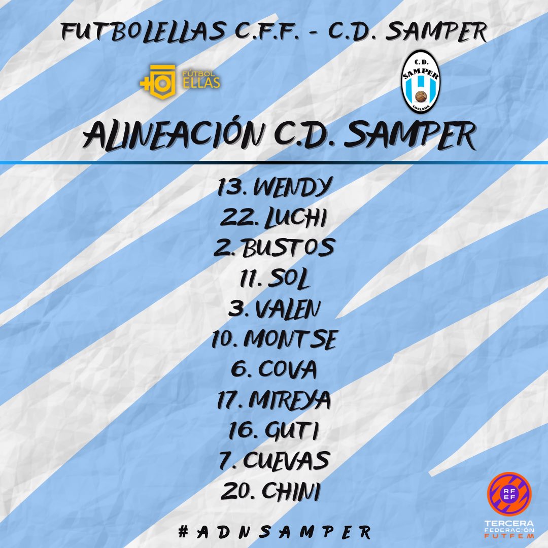 ✅ Con el siguiente 11 inicial salimos en Las Veredillas:

⌚️9:30
🏟️Las Veredillas

#adnsamper