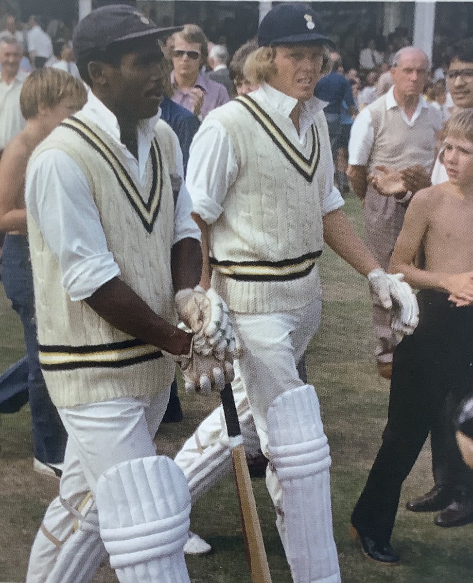 Barry Richards and Gordon Greenidge walking out to face the bowling of Bishan Bedi. Hants v Northants 20th Aug 1973. 
📷Patrick Eagar #countycricket