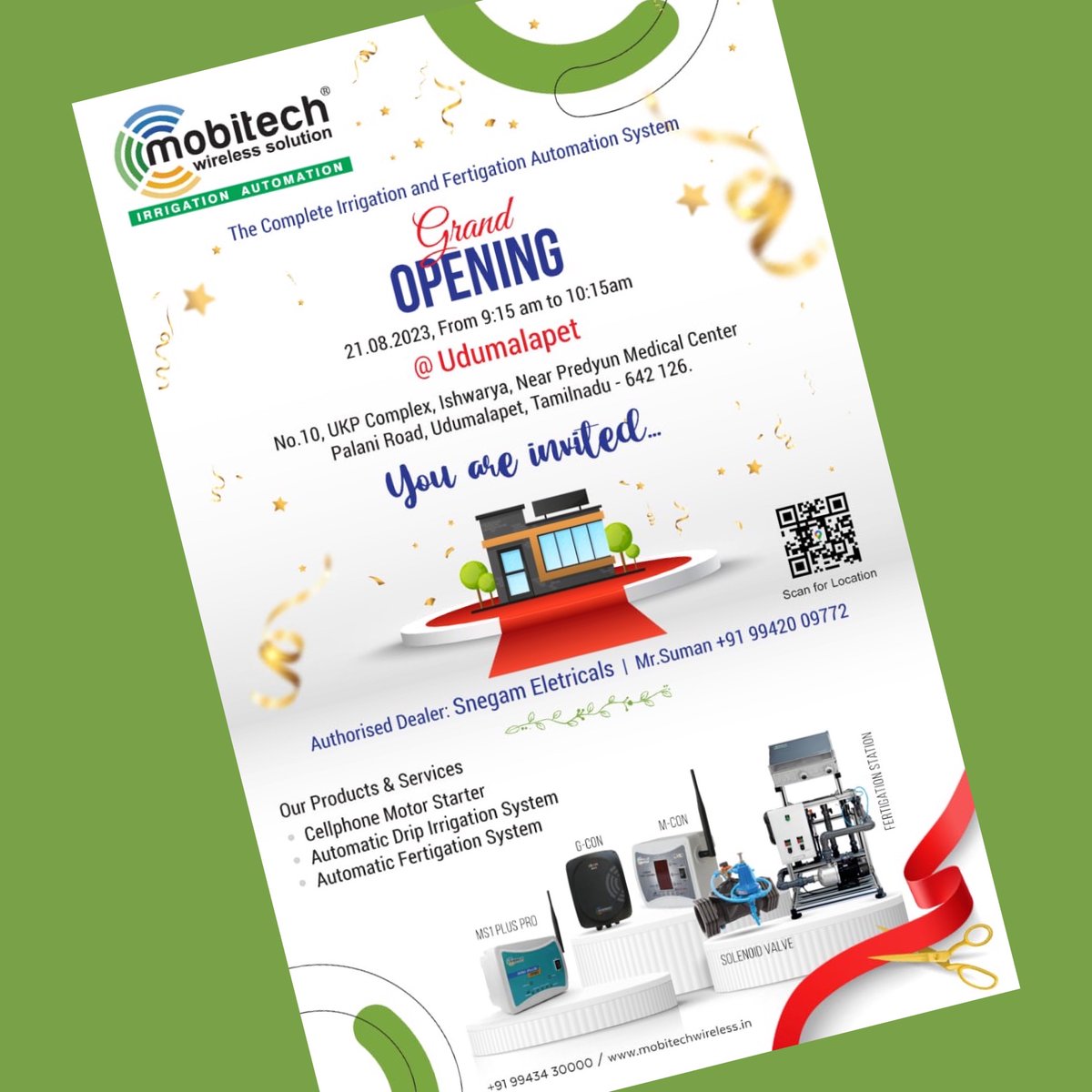 mobitechindia's tweet photo. 🎉Save the Date: August 21st, 9:15 AM - 10:15 AM! 📅 Join us in celebrating a new chapter of success as Mobitech unveils its brand-new office and showroom in Udumalpet. 🏢✨ Witness the future of irrigation automation technology! 🌿🌟 #Mobitech #GrandOpening #IrrigationAutomation https://t.co/X5ZLCmyRIj