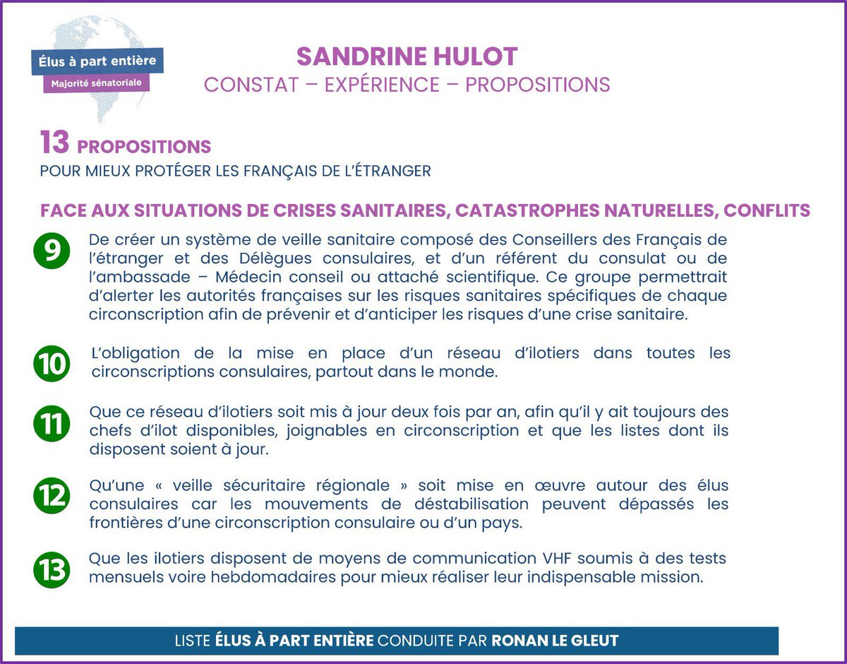 [Sénatoriales 2023 - Élus à part entière]

Propositions de Sandrine Hulot  
🌐 Protection des Français de l’étranger

✅ 3ème thématique
✔️Situations de crises sanitaires, conflits, etc…

🟢 Propositions N.9, N.10, N.11, N.12 et N.13

Dans le détail ⤵️

4c1yd.r.a.d.sendibm1.com/mk/mr/sh/6rqJ8…