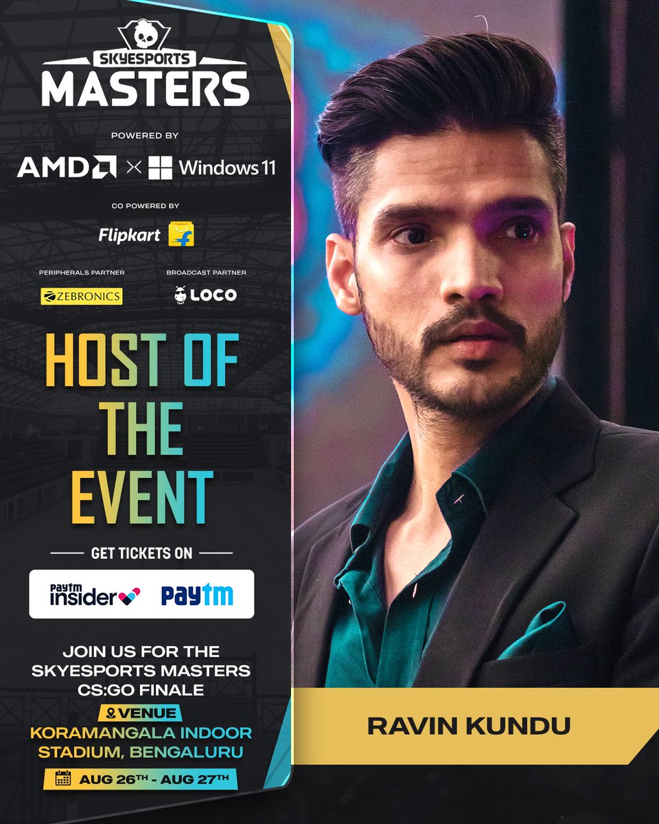 Here's to announcing the electrifying host for the Skyesports Masters LAN! From hyping up the crowd with charismatic energy to presenting the event with his heart and soul <a href="/ravinkundu/">Ravin Kundu</a> has got it all! He is the official host for #SkyesportsMasters! 

🗓️ Aug 26th - Aug 27th, 2023
