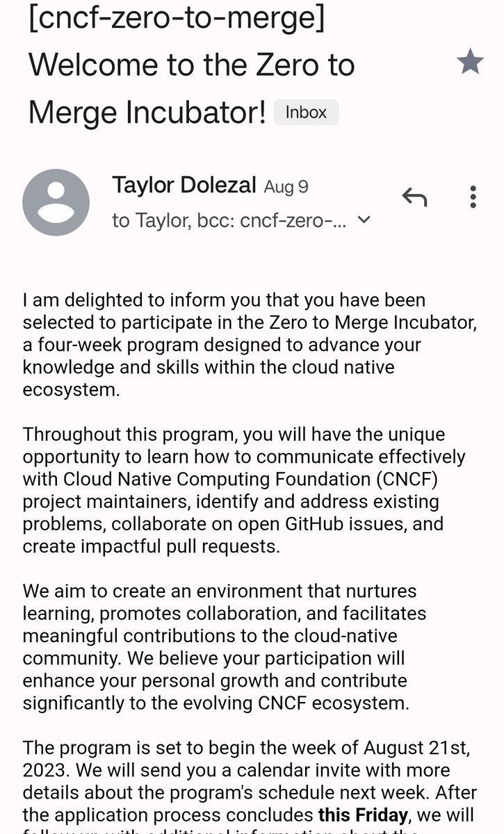 Exciting news🎉🎉

I have been selected for @CloudNativeFdn's Zero to Merge incubator program 🚀🚀. 
So excited to learn and grow in the CNCF community.

Thanks to @ghumare64 & @me_sagar_utekar for extending this wonderful opportunity to me!

#opensource #cncf