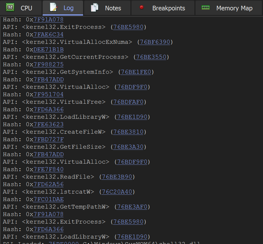 embee_research's tweet photo. Defeating API Hashing Using x32dbg and Conditional Breakpoints. 

By setting simple log conditions on functions related to API hashing, you can quickly print out decoded hash values without needing to identify or reverse the hashing algorithm. 

[1/11] 
#Malware https://t.co/RozDgp49tH