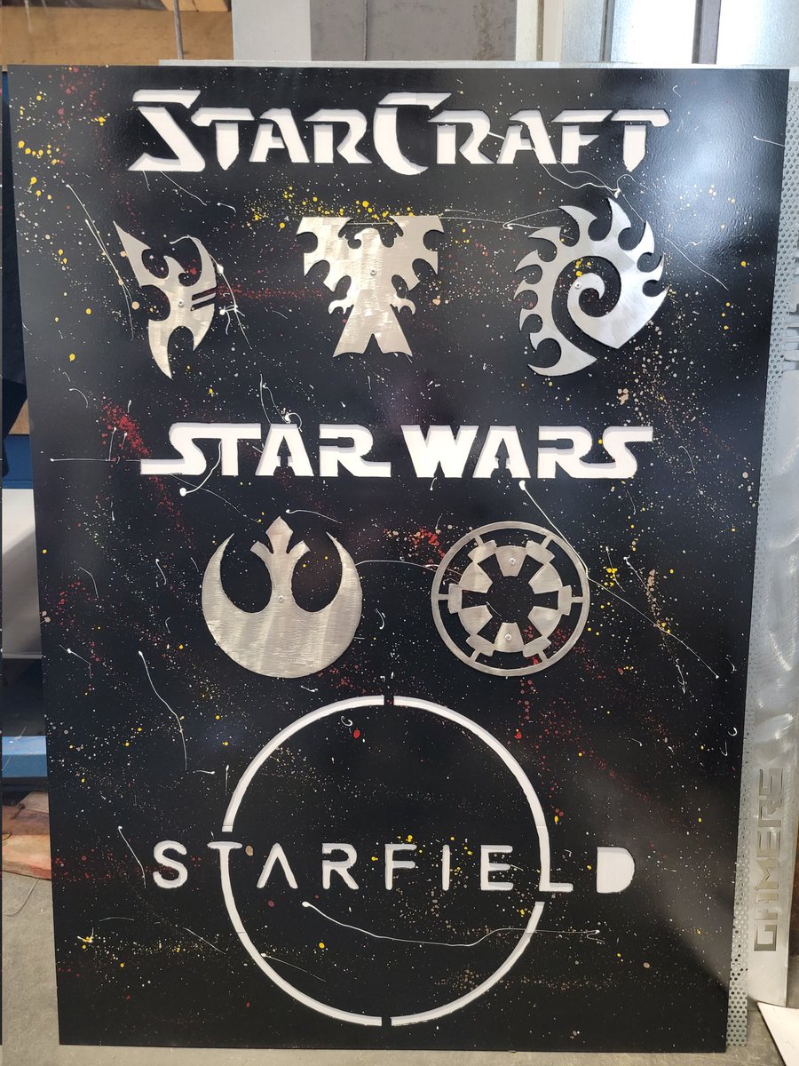 stevely403's tweet photo. @StarfieldWiki I made this out of 16gage mild steel, 3 x 4 foot and the emblems are stainless steel. I guess you could say I'm excites for the game 🔥👍🔥 https://t.co/DIeoQyXgbh
