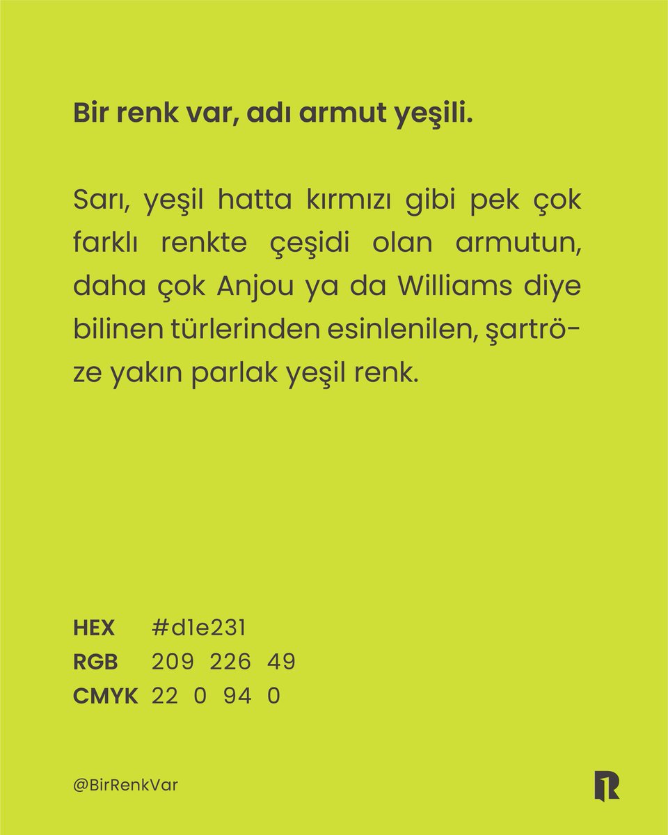 birrenkvar's tweet photo. Bir renk var, adı armut yeşili.
#d1e231 #ArmutYeşili #BirRenkVar https://t.co/v1mBLlIJ3C
