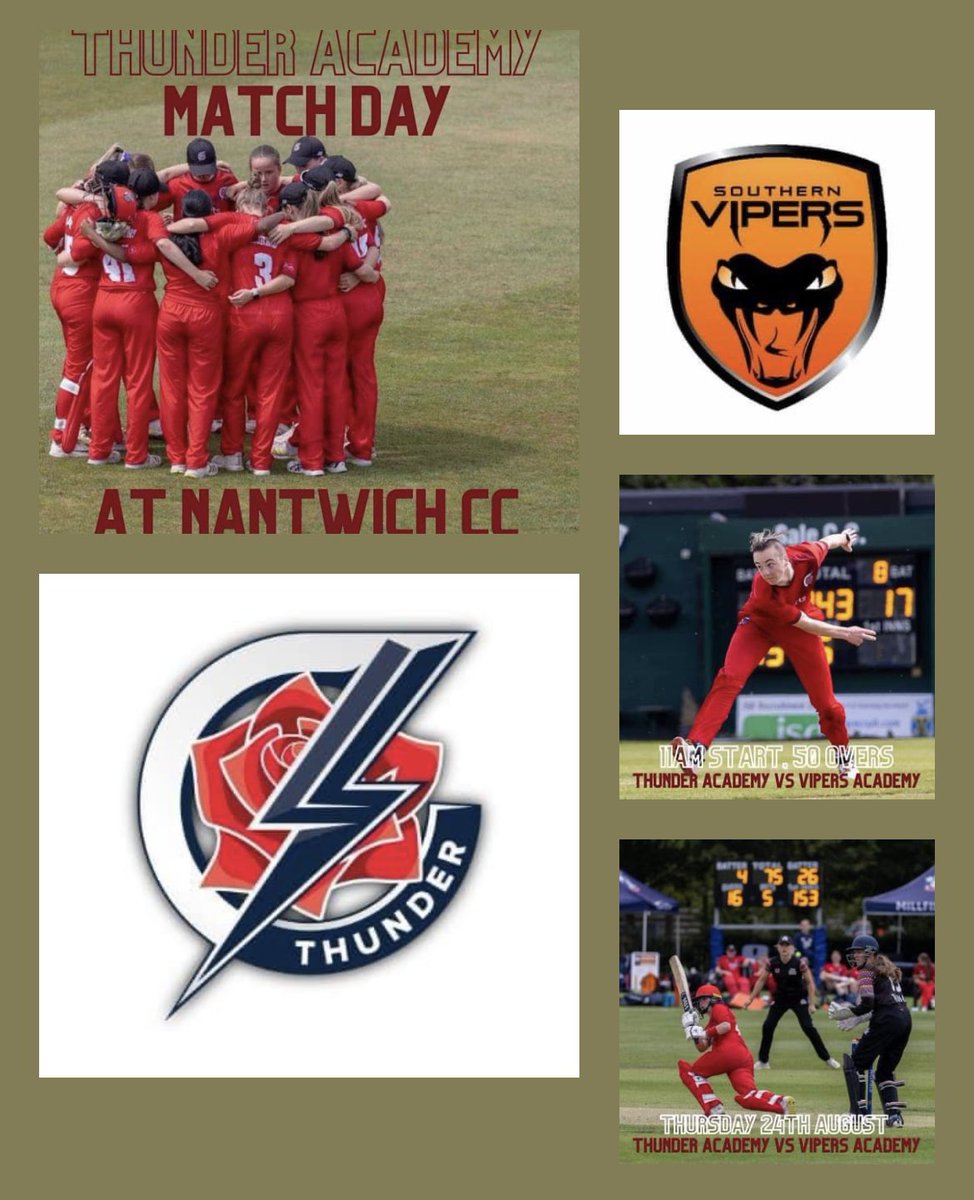 📢 Attention All!

<a href="/LancsCricketWMN/">Lancashire Women</a> Thunder Academy are playing @VipersKSL Academy here! 

📆 Thursday 24th August
⏰11 am start
📍<a href="/NantwichCC/">Nantwich CC</a> 
5️⃣0️⃣ overs

Enjoy a day of cricket with a drink and snack in hand

Bar open ALL day and food available 🙌

Free Entry! See you there! 🏏