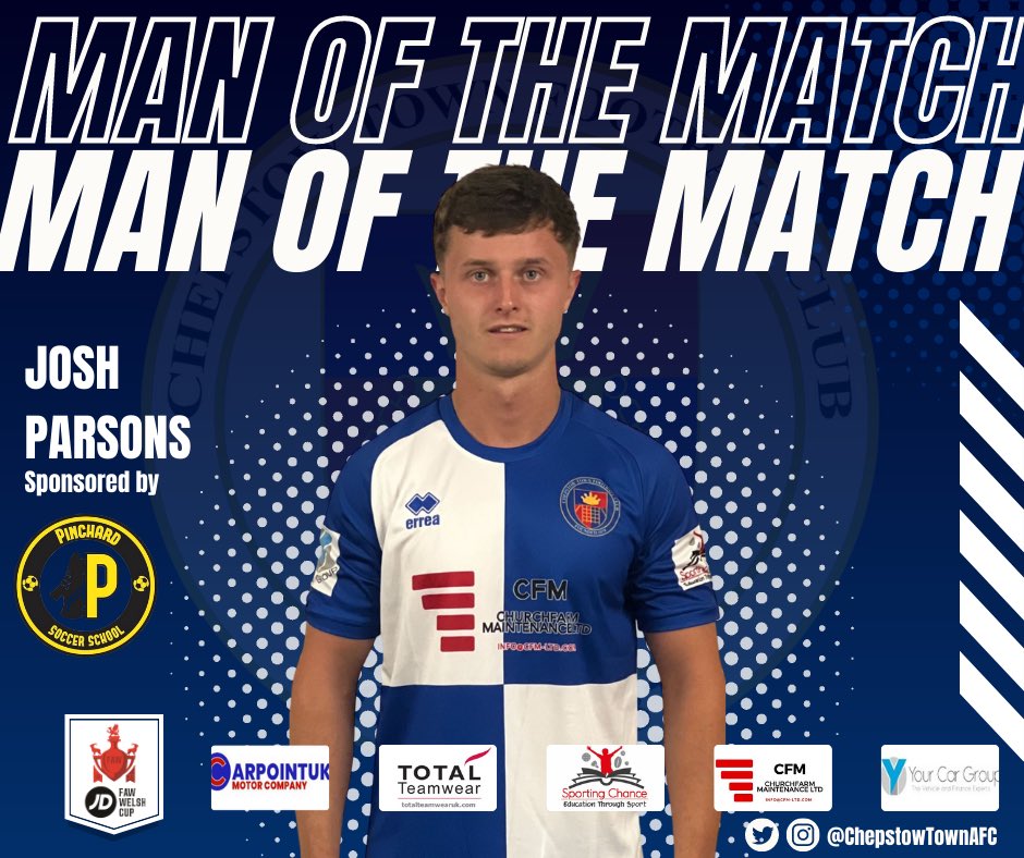 ChepstowTownAFC's tweet photo. 🍾 A constant threat going forward saw @JoshParsons96 named yesterday’s Man of the Match. Josh has had a fantastic start to the season, coming off the bench at half time to score two goals.

Congratulations JP, proudly sponsored by Pinchard Soccer School. 👏

#CTFC 🔵⚪️ https://t.co/I0ikTx4k9D