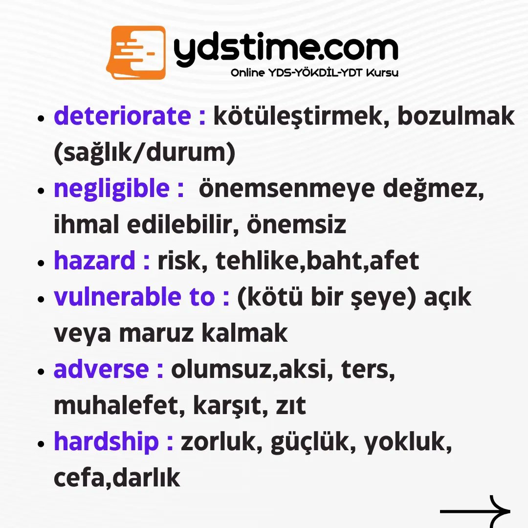 Olumsuz anlama sahip bazı kelimeleri çalışalım. 

ydstime.com 

#yds #yökdil #ösym #yks23 #ydt #eyds