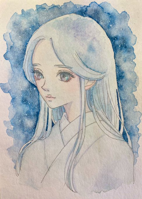 #ルーレットで絵を描こう③ゴースト×星×青またまた遅刻ですゴースト、青、と聞いて真っ先に雪女が浮かびました。星が綺麗な夜に夫と子どもをどこからか見守ってる、優しくも寂しいイメージで描いてみました。 