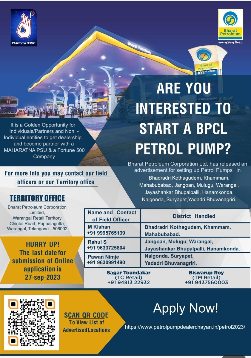 JToundakar's tweet photo. @BPCRetWarangal @BPCLRetail Pl find details of area sales officers for all required assistance. The last date is 27.09.2023. Hurry up https://t.co/7GAkG2ftzV