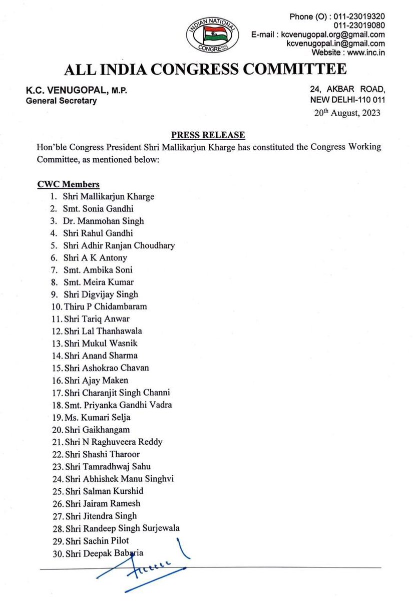 INCSandesh's tweet photo. Hon'ble Congress President Shri Mallikarjun Kharge has constituted the Congress Working Committee, as mentioned below: https://t.co/CaH3fomhol